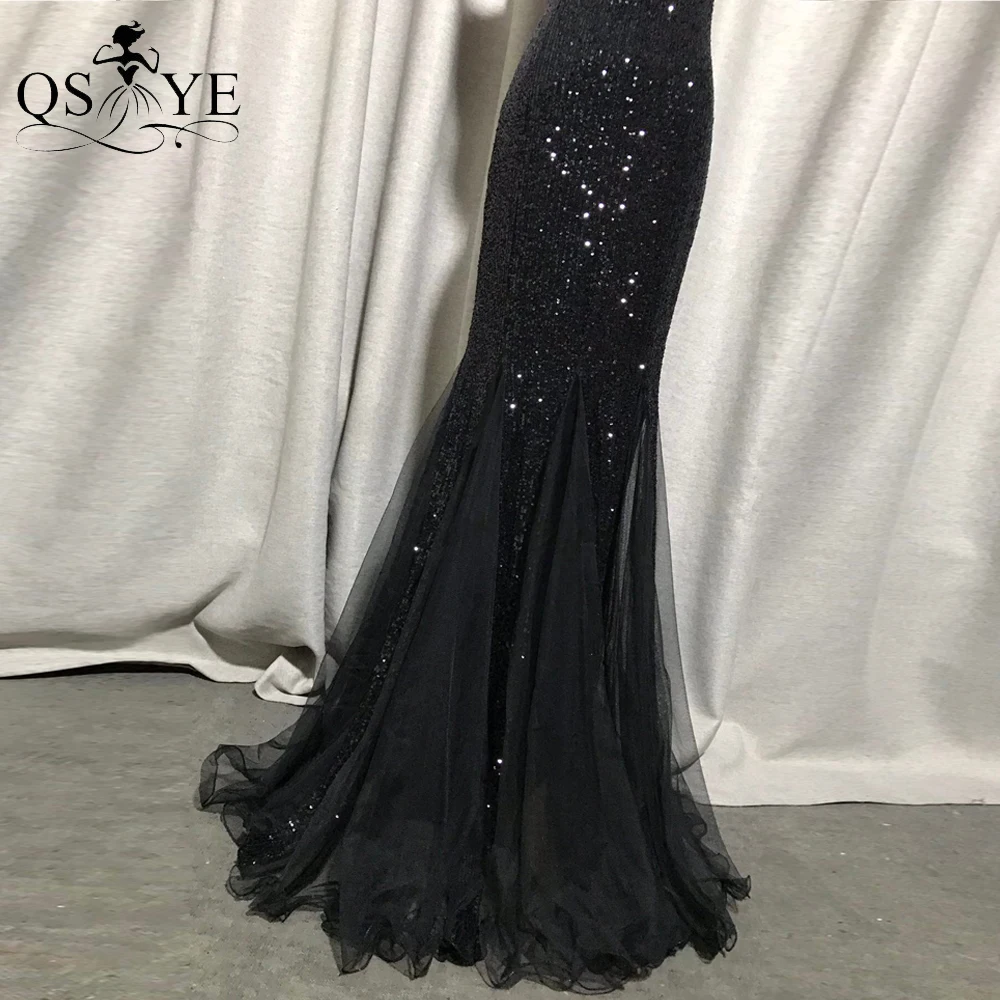 Sequin Black Evening Dresses V Neck Long Mermaid Prom Gown Sleeveless Tulle Hem Party Dress Glitter Lace Sequin Black Dress Chic