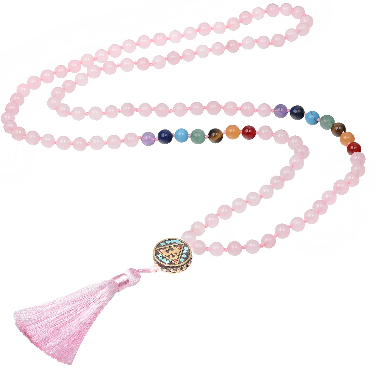 TUMBEELLUWA Natural Rose Quartz Mala Prayer Beads Necklace For Women Men, 7 Chakra Crystal Stone Long Wrap Necklace With Tassel