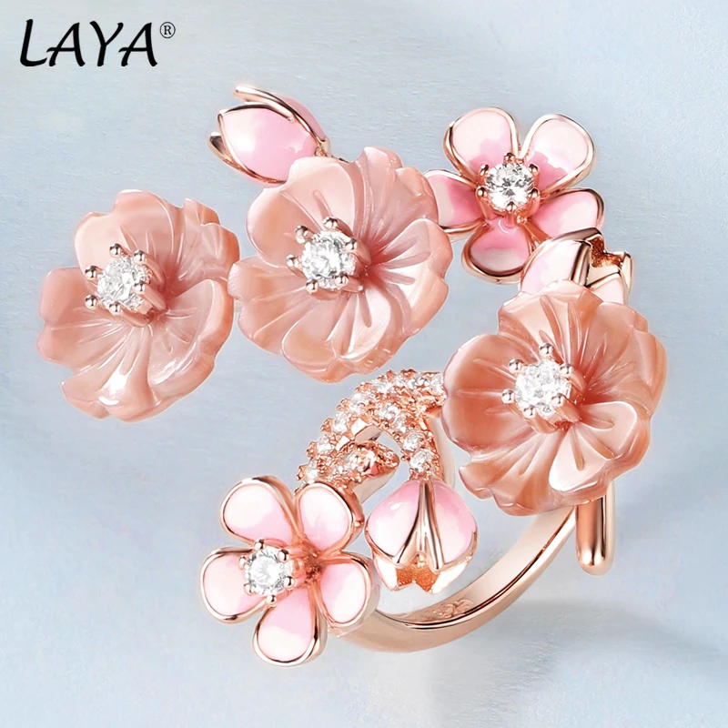 Laya High Quality Zircon Natural Shell Flower Green Leaf Enamel Ring For Women 925 Sterling Silver Original Jewelry 2022 Trend