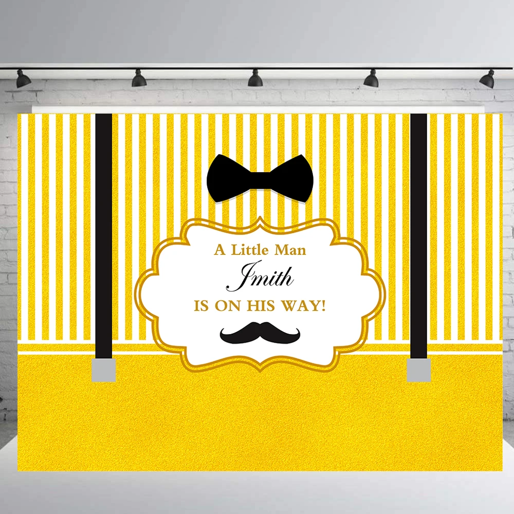 A little Man baby shower banner backdrop photography tie mustache Golden stripes photo background newborn child studio prop B402