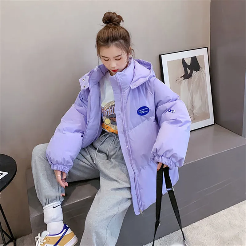 Oversized Fashion Parkas Purple Hooded Jacket Women\'s Winter 2024 Loose Cotton padded Student Coat Thicken Warm Outerwear Female