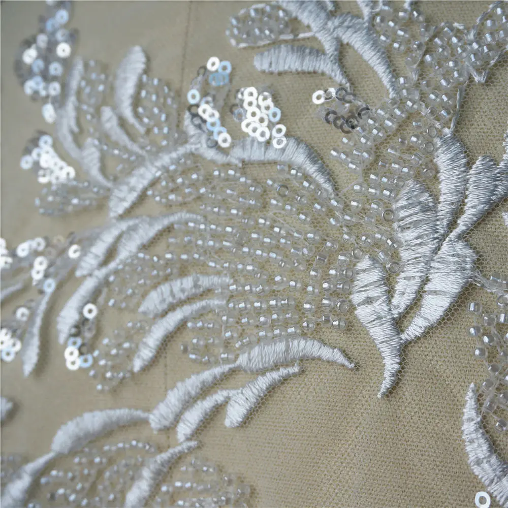 White Lace Fabric Silver Sequin Beads Embroidered Flora Gown Appliques Collar Mesh Sew Patch For Wedding Decoration Dress DIY