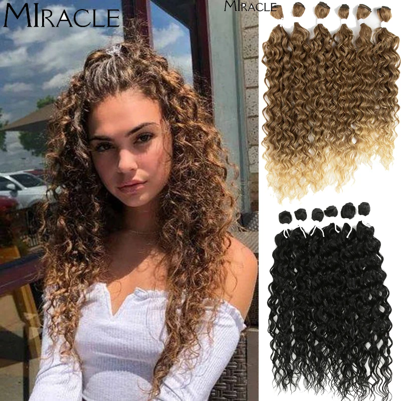 Miracle-extensiones de cabello sintético para mujeres negras, mechones de pelo rizado Afro, Rubio degradado, resistente al calor, ondulado, falso