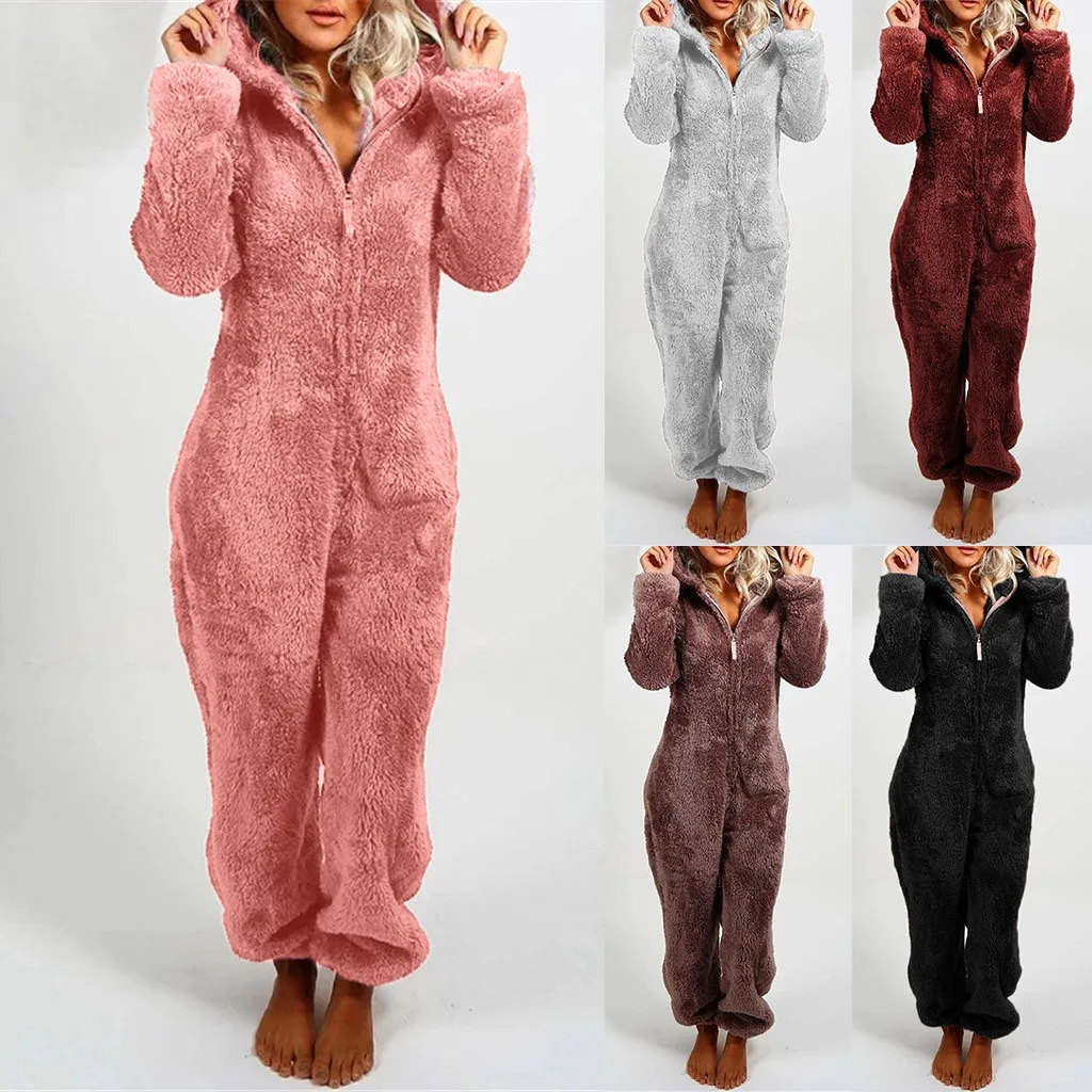 Women Casual Hooded Warm Plush Bodysuit Winter Zipper Playsuits Homewear Sleepwear Women's Pajamas Long Sleeve jumpsuit trousers