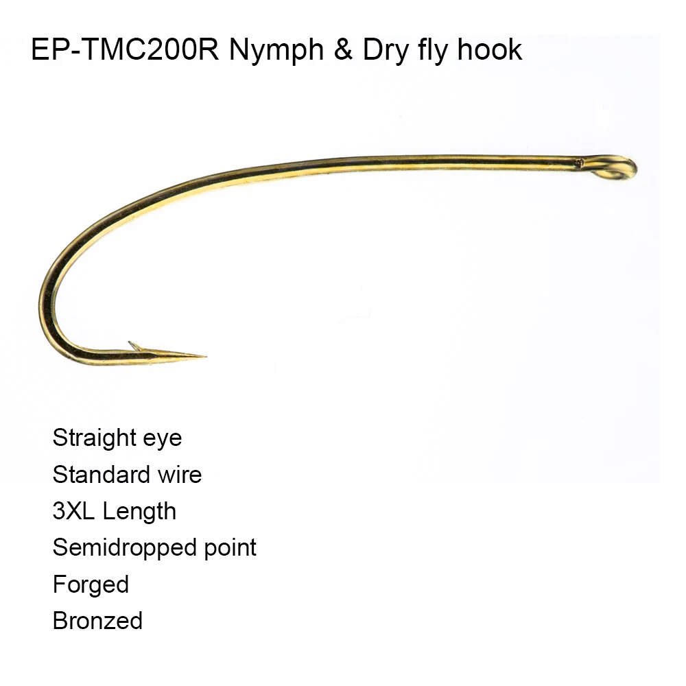 100pcs Eupheng EP-TMC200R Nymph Dry Fly Hook Filo Standard di 3X Lungo Rettilineo Eye Semidropped Punto Forgiato Ganci di Pesca A Mosca