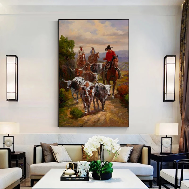 Cowboy Knight Herding The Cows Canvas Painting Pastoral Poster Print Wall Art Picture for Living Room Bedroom Home Decor Cuadros