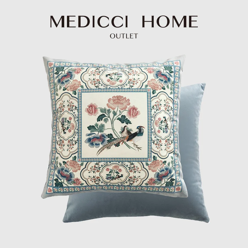 Medicci Home Square Pillow Cover Birds' Twitter and Fragrance Of Flowers Chinese Classic Pattern Cushion Case For Couch Bed Sofa