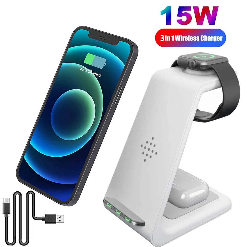 

Desk Wireless Charger For iPhone 12 11 Watch Airpods New 3 in 1 Wireless Charger Station Dock Stand for Samsung Galaxy Buds