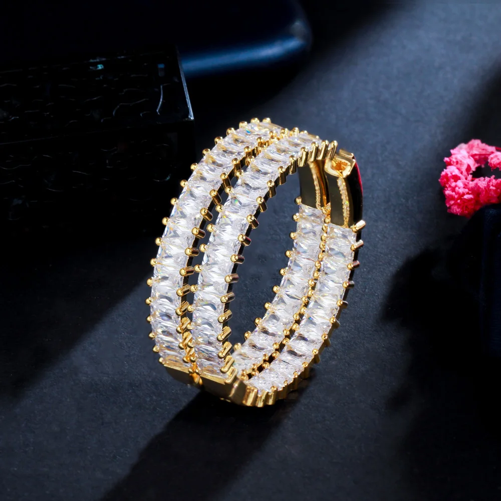 CWWZircons Schicke Baguette-Bambus-Zirkon Große Runde Creolen für Damen Luxus-Statement-Designerschmuck Großhandel E0740 – Detail 5