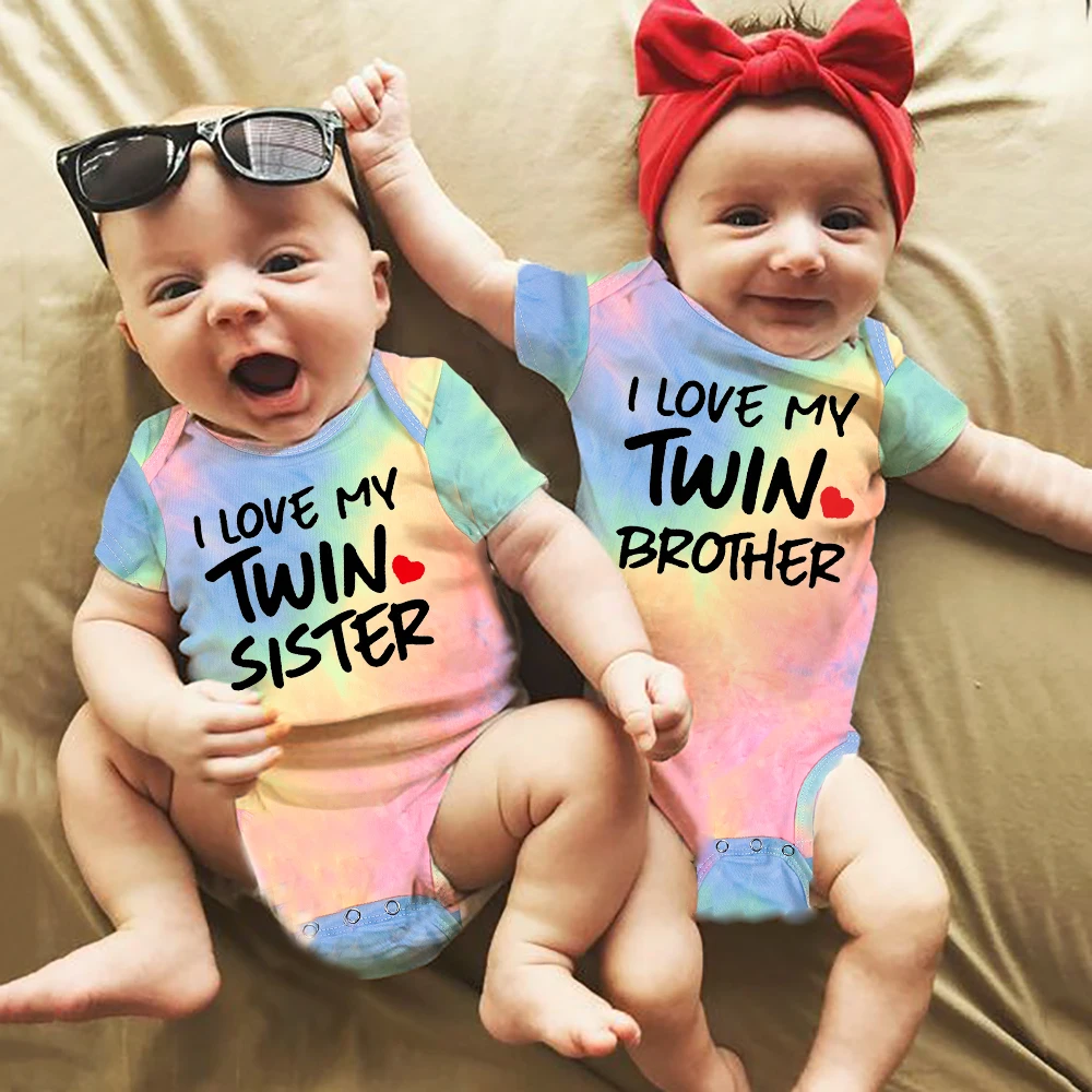 I Love My Twins Brother Sister Baby Boys Girls Tie Dye Jumpsuit Newborn Twins Summer Infant Clothes Pregnancy Valentine's Gift