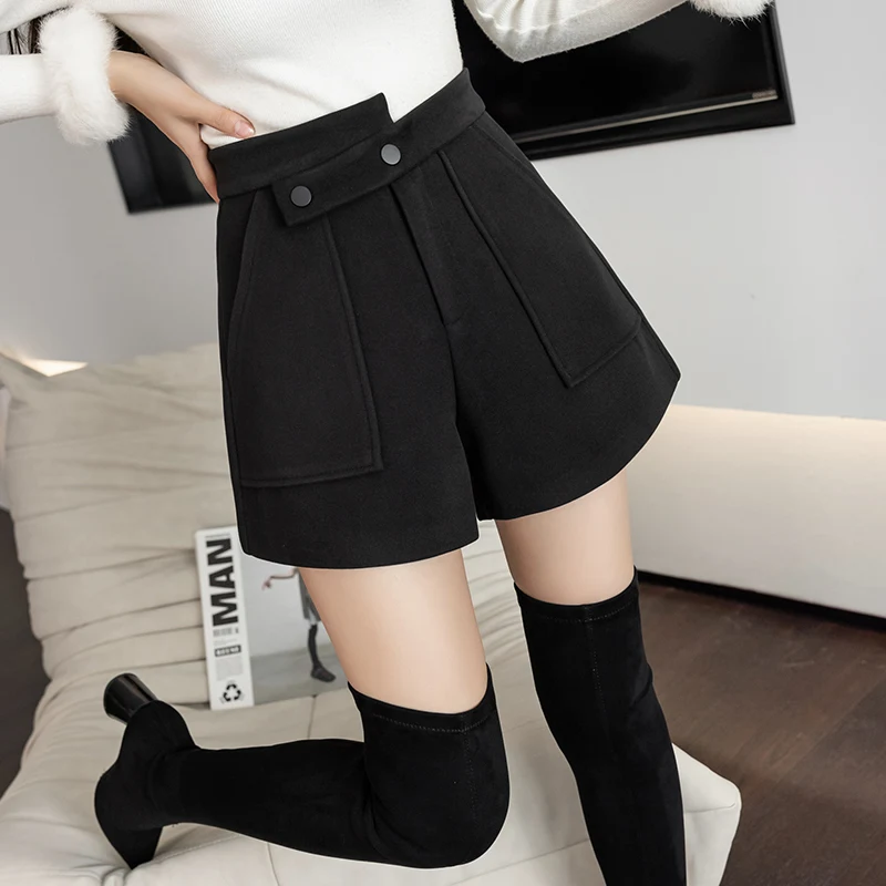 Koreaanse Mode Wollen Shorts Vrouwen 2022 Winter Dikke Vrouwen Shorts Onregelmatige Hoge Taille Knoppen Shorts Met Pocket Korte Femme