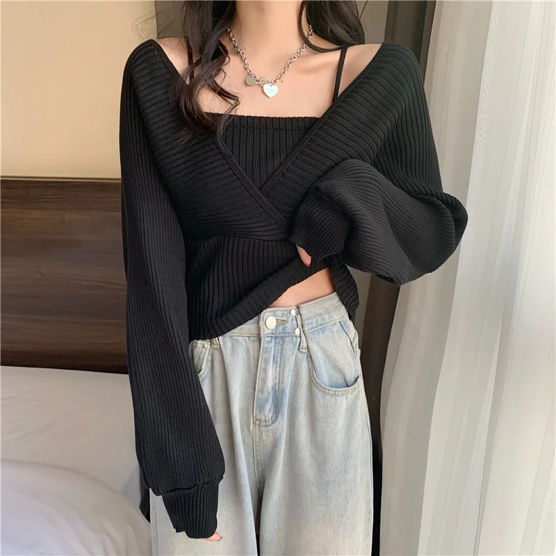 Fake Two Sweater Women 2024 Spring Autumn New V-Neck Full Sexy Knitted Sweaters Korean Short Chic Wild Fashion Pullovers