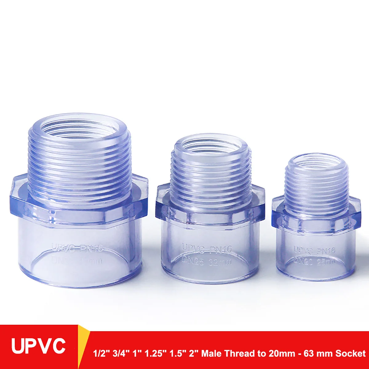 

Transparent UPVC 1/2"~2" Thread Connector 20/25/32/40/50/63mm PVC Water Pipe Fittings Garden Irrigation Aquarium Tube Adapter