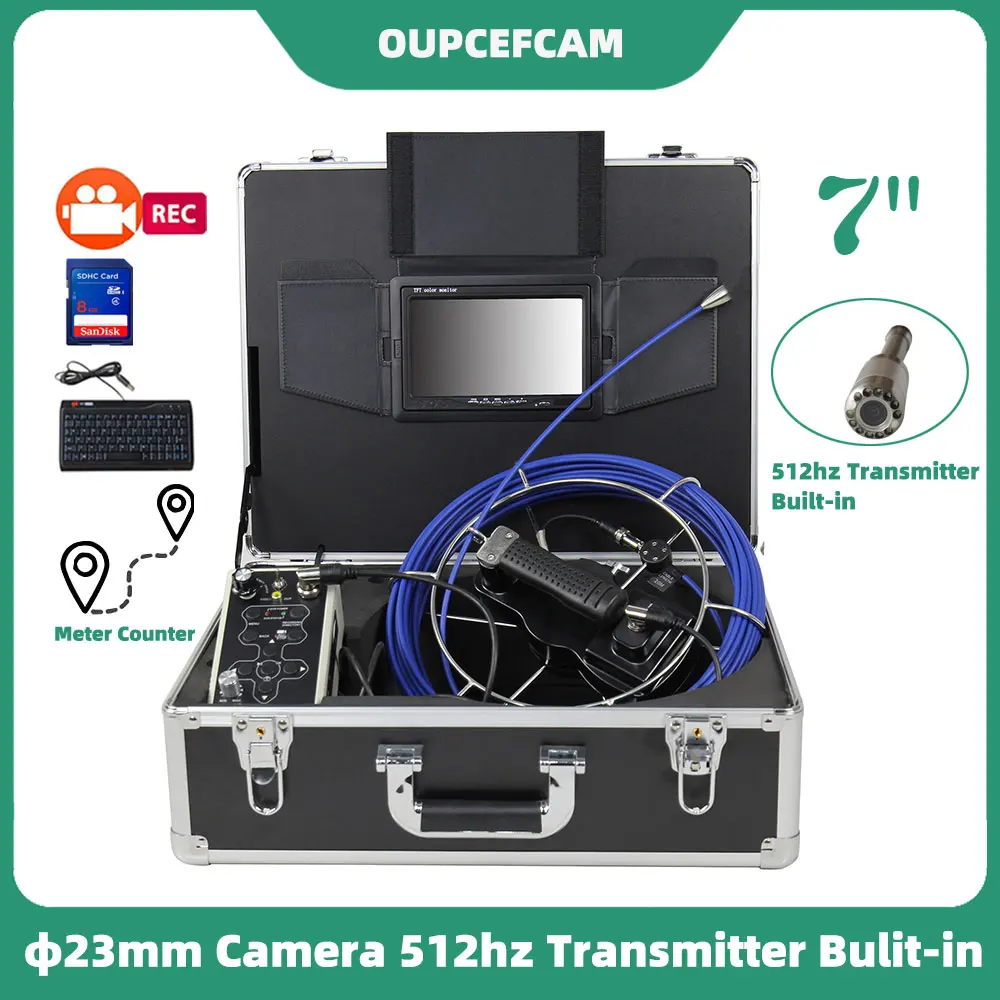 

23mm Camera With 512hz Transmitter Drain Pipe Sewer Inspection Endoscope System 7" Screen DVR Keyboard Meter Counter φ5mm Cable