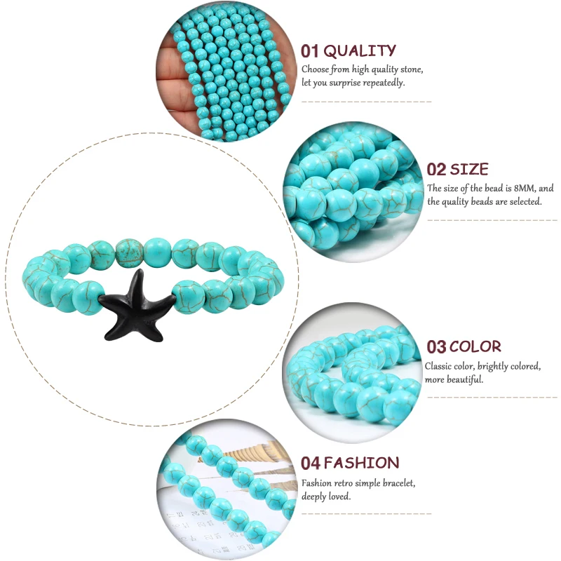 Fashion Starfish Blue Green Turquoises Beaded Bangles Bracelets Beach Charm Jewelry Sea Star Natural Stone Bracelet Couple Gifts