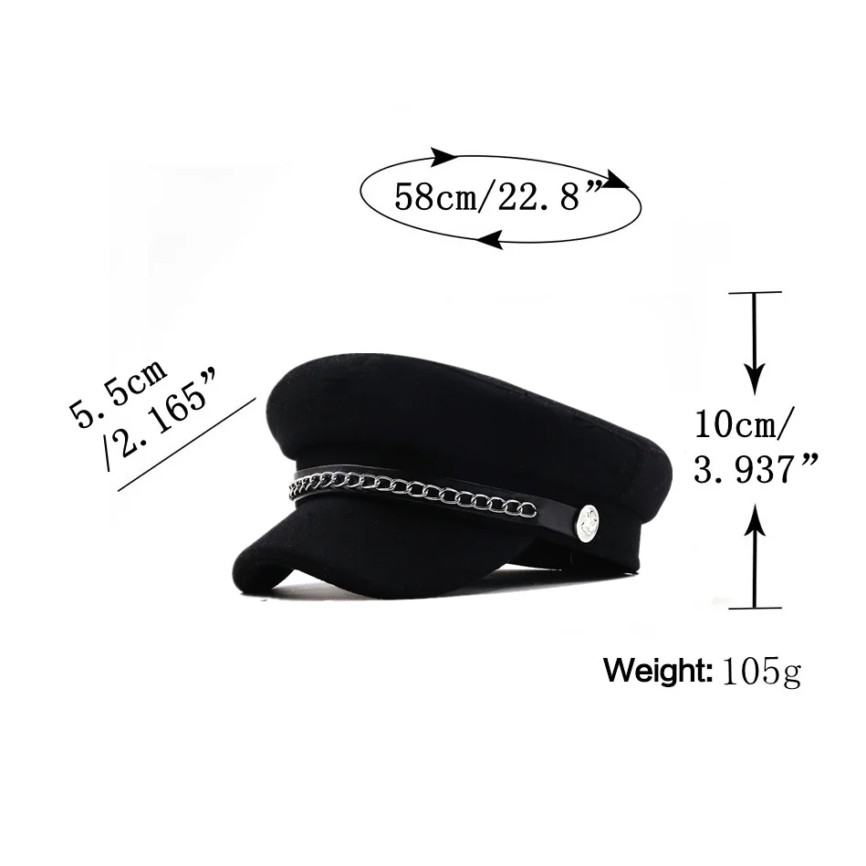 utumn Winter Chain Black Military Berets for Women Female Flat Army Cap Salior Hat Girl Travel Berets Ladies Painters Cap