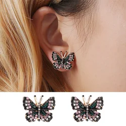 Ethnic Vintage Gold color Butterfly Stud earrings Green Rhinestone Animal Retro Studs Ladies Women Party Jewelry