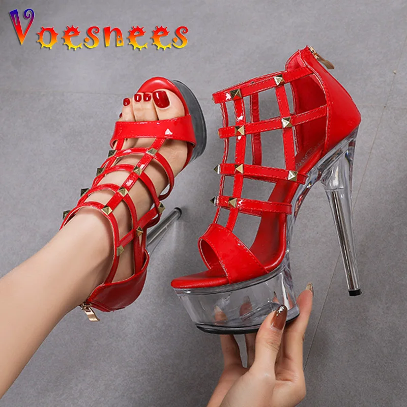 2022 Summer 14.5CM Transparent Platform Sandals Women High Heels Rivet Strap Nightclub Sexy Hollow Out Shoes Model Catwalk Shoes