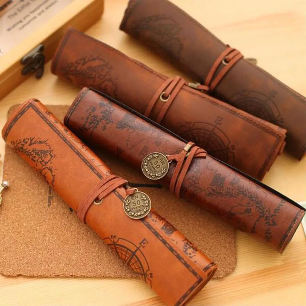 

Retro Treasure Map Roll Pencil Case PU Leather Big Capacity Pen Bag Makeup Brush Pouch Pencilcase School Stationery Supplies