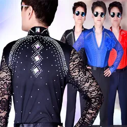 2024 New Ballroom Latin Dance Shirts Male Black Long Sleeve Lace V Collar Shirt Men Samba Cha Cha Dancing Tops Performance Wear