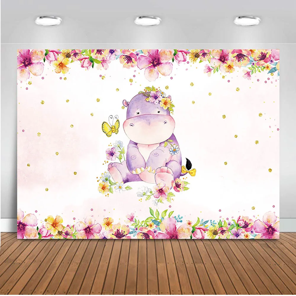 MOCSIKA  Hippo Backdrop Newborn Baby Shower Party Decoration Supplies Spring Flowers Background for Photo Studio 7x5ft Vinyl
