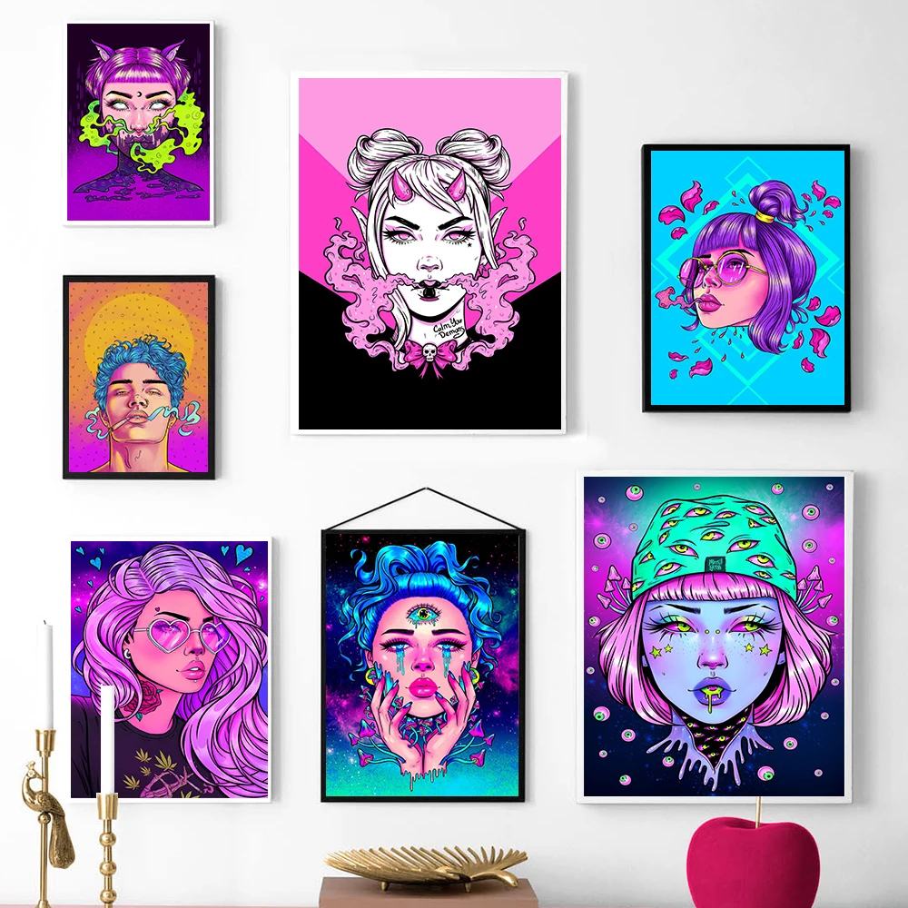 Neon Abstract Fashion Bad Girl Canvas Prints Feminist Wall Art Magic Witch Eyes Posters Pictures Cuadors for Living Room Decor