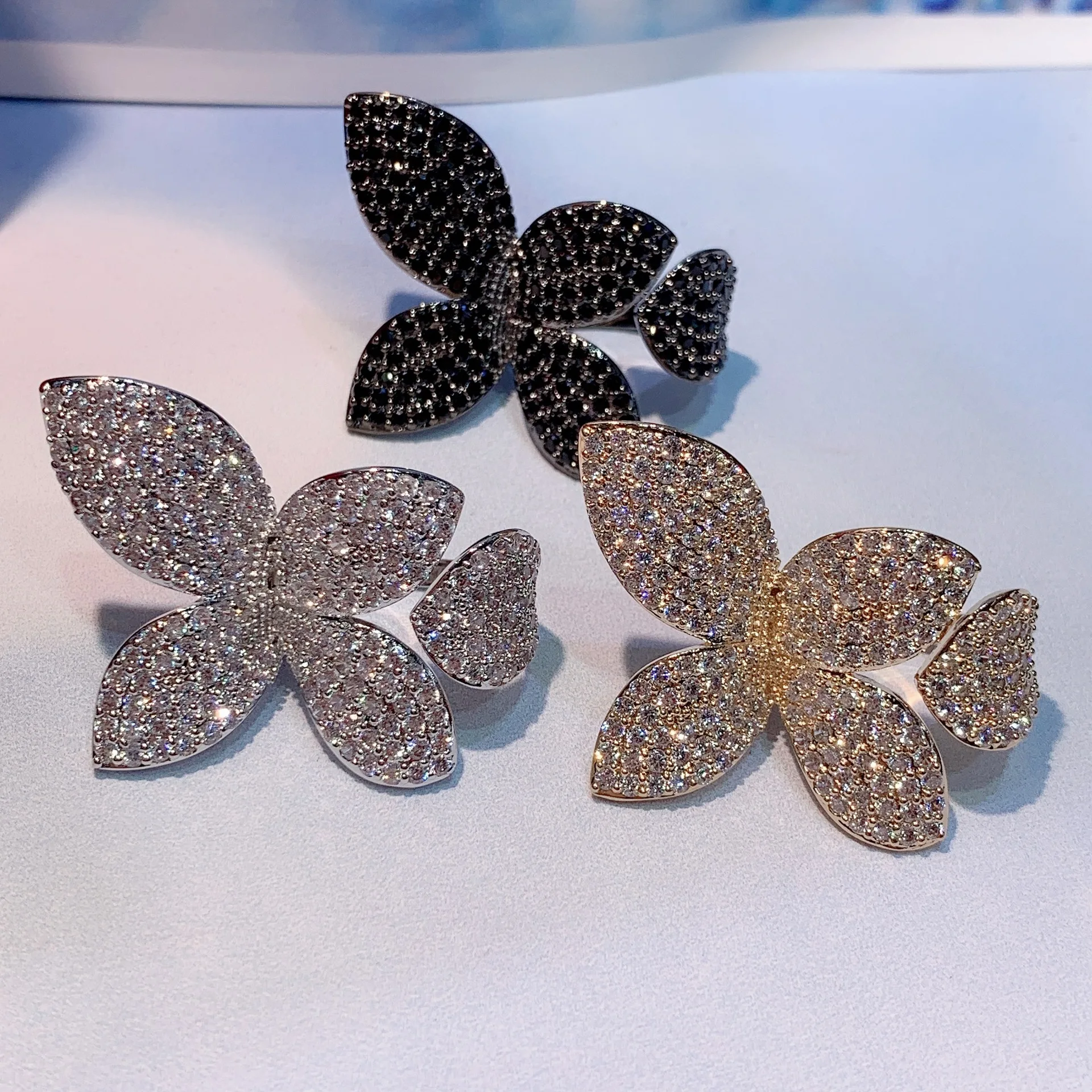 Fashion exaggerated micro - set leaf with AAA zircon ring ,open mouth ring adjustment ring  for women gift