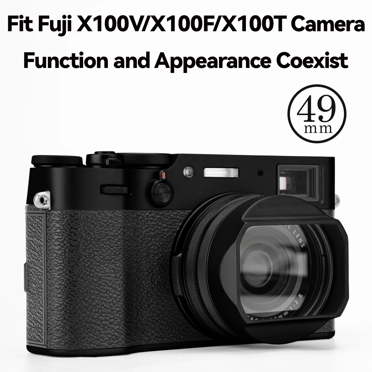 YC Cebola-Alumínio Camera Lens Hood, 49mm Anel Adaptador, Acessório para Fujifilm X100VI X100V X100F, Preto Prata