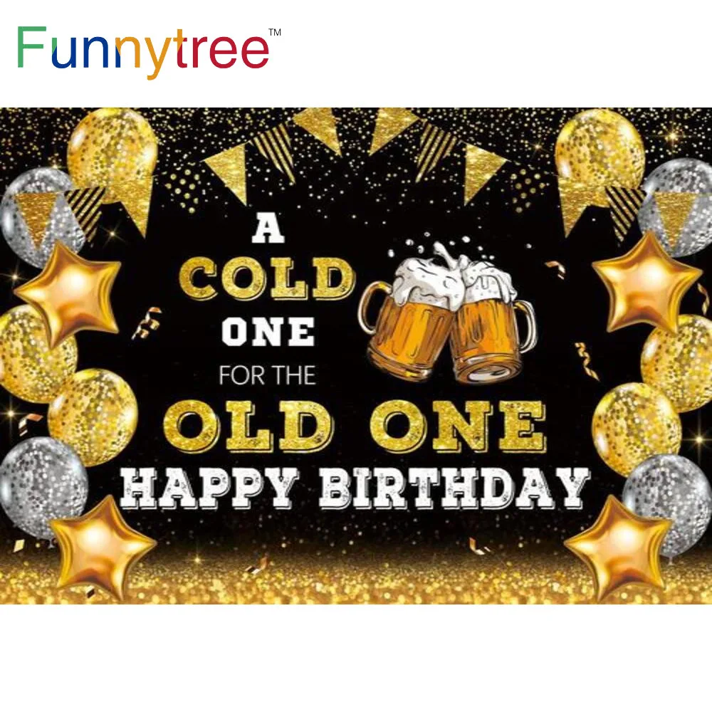 

Funnytree a Cold One for the Old One Happy Birthday Party Background Beer Man Gold Black Banner Glitter Balloon Dots Backdrop