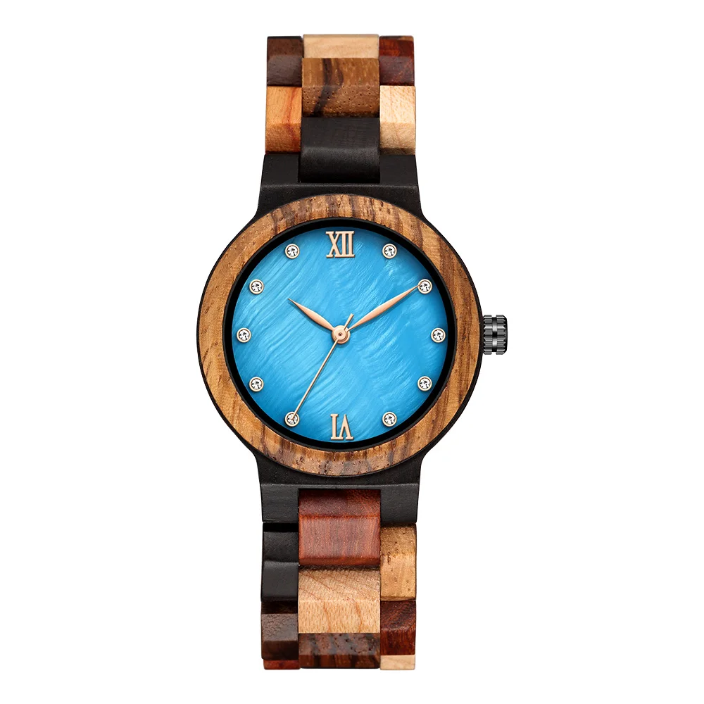 Unique Sapphire Blue Face Wooden Watches Handmade Full Wooden Band Quartz Watch Women's Watches Ladies Dress Clock Reloj Mujer