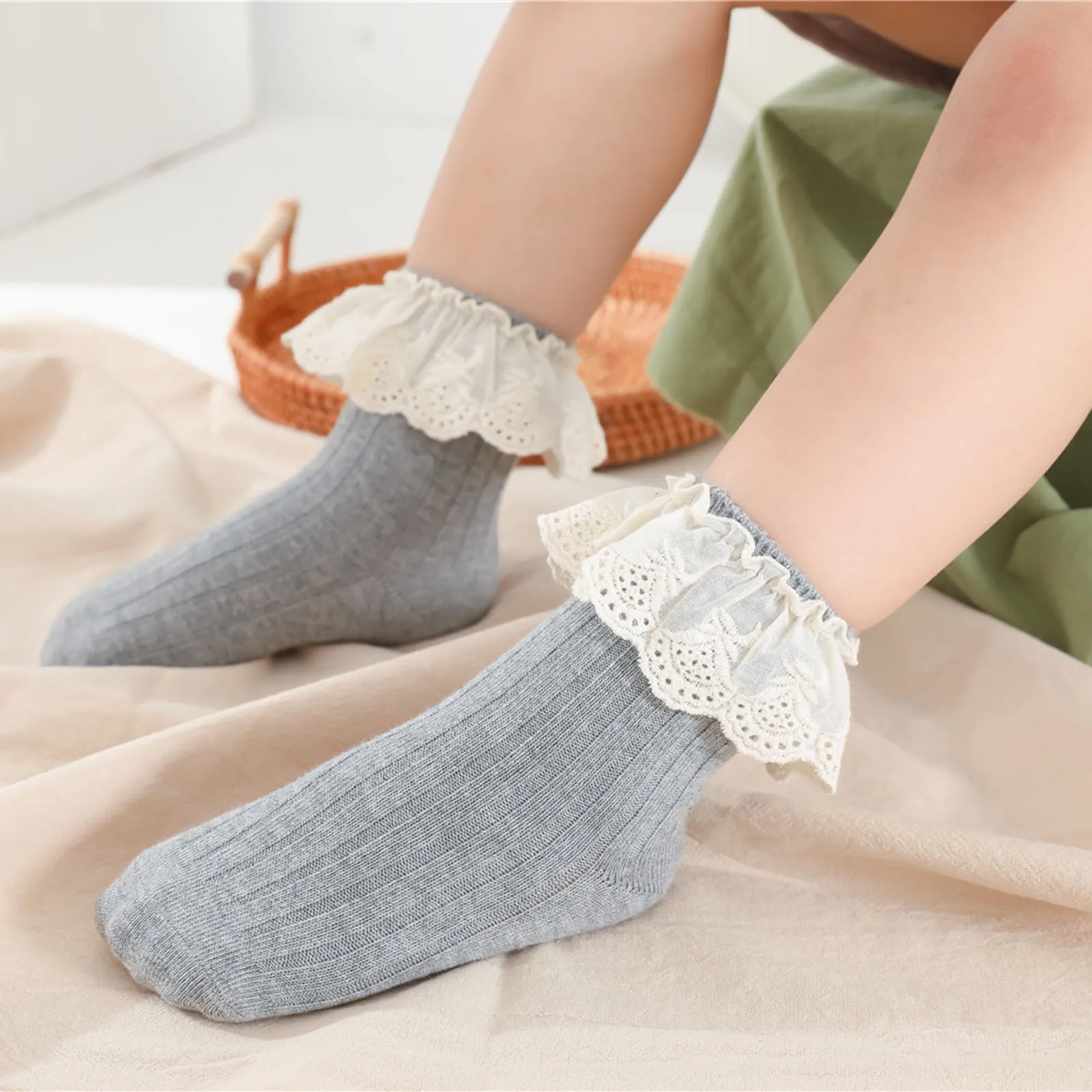 幼児用プリンセスソックス,無地,レース裾,伸縮性,0〜5歳