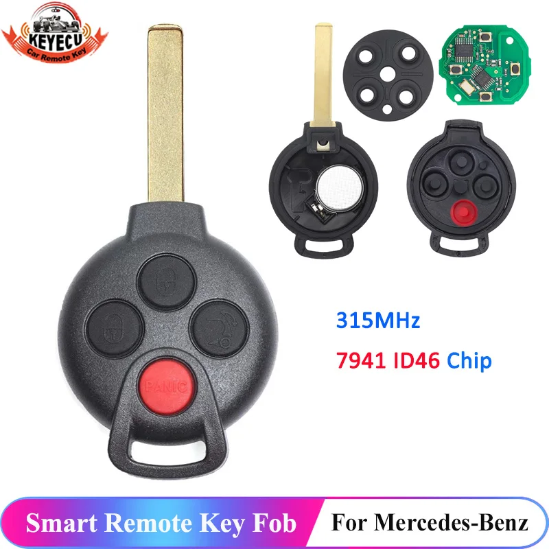 KEYECU 4 Buttons For Benz Smart Fortwo 451 2007 2008 2009 2010 2011 2012 2013 Remote Key Fob 315MHz ID46 PCF7941 Chip