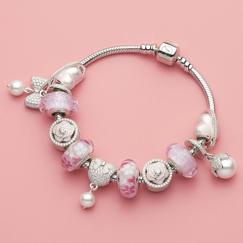 ATHENAIE 925 Sterling Silver with Pave Clear CZ Luminous Elegance White Pearl Drops Charms Fit Women Bracetes & Bangle Jewelry