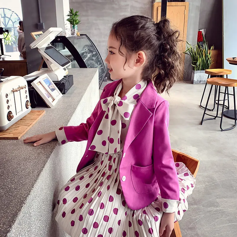 New children\'s clothing girls baby spring and autumn clothes girls casual blazer solid color dot dress cloth set suit