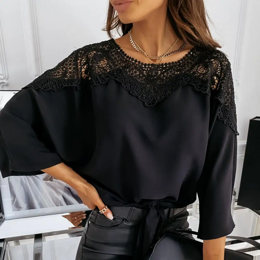 Elegant Women Blouse Solid Color Lace Patchwork Autumn Winter Shirts Hollow Out Long Sleeve O Neck Office Ladies Blouse Top