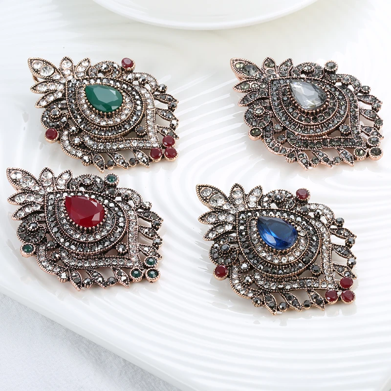 Kinel Vintage Gray Crystal Flower Brooch Ethnic Wedding Jewelry Antique Gold Color Hijab Caftan Pins Bohemia Bridal Brooch Gift