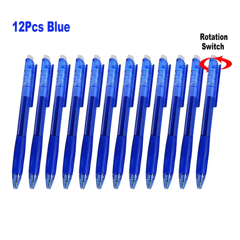 12Pcs Retractable Erasable Gel Pen 0.7mm 0.5mm Bullet Tip Rotation Switch Office Writing Handle Blue Black Ink Color Refill Set