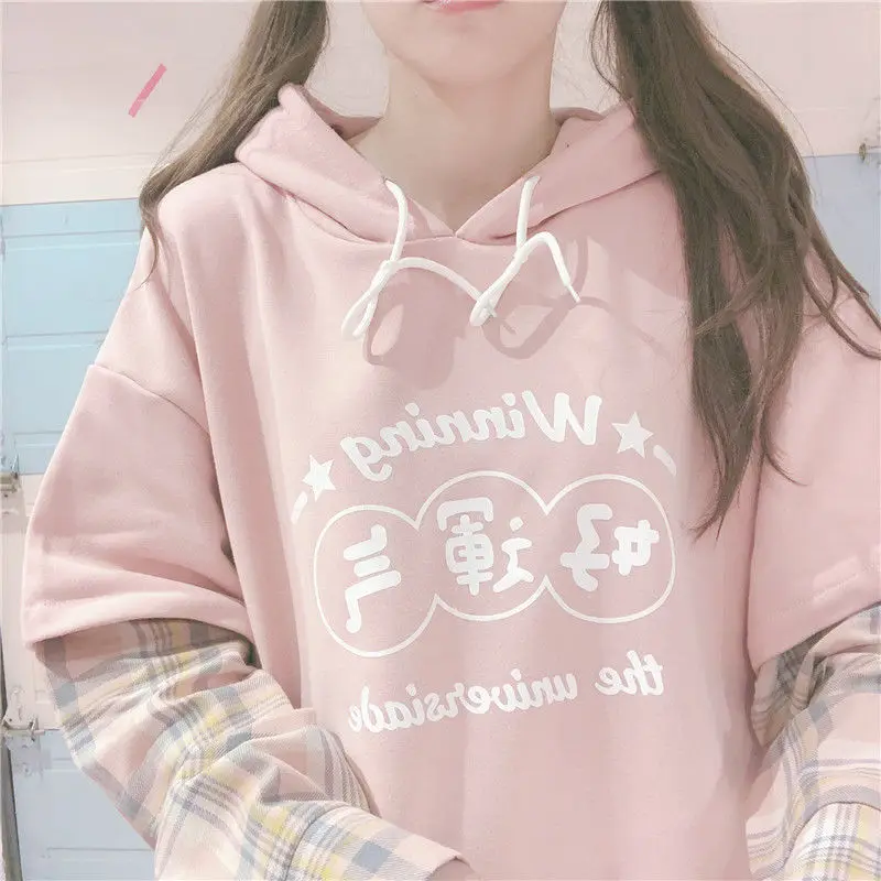 QWEEK-Sudadera con capucha Rosa Kawaii para mujer, ropa bonita coreana, suave, japonesa, Harajuku, Patchwork, a cuadros, manga larga, letras