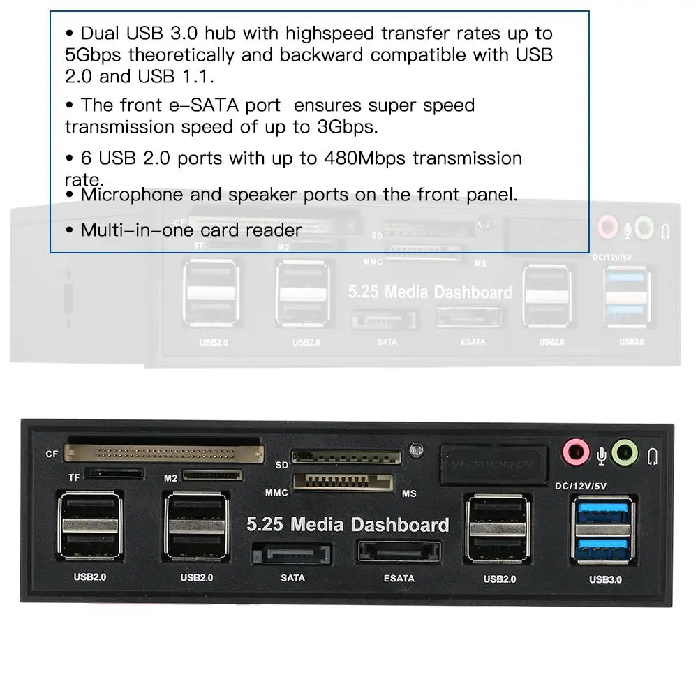 USB 3.0 Hub Multi-Function ESATA SATA Port Internal Card Reader PC Media Front Panel Audio for SD MS CF TF M2 MMC Memory Cards