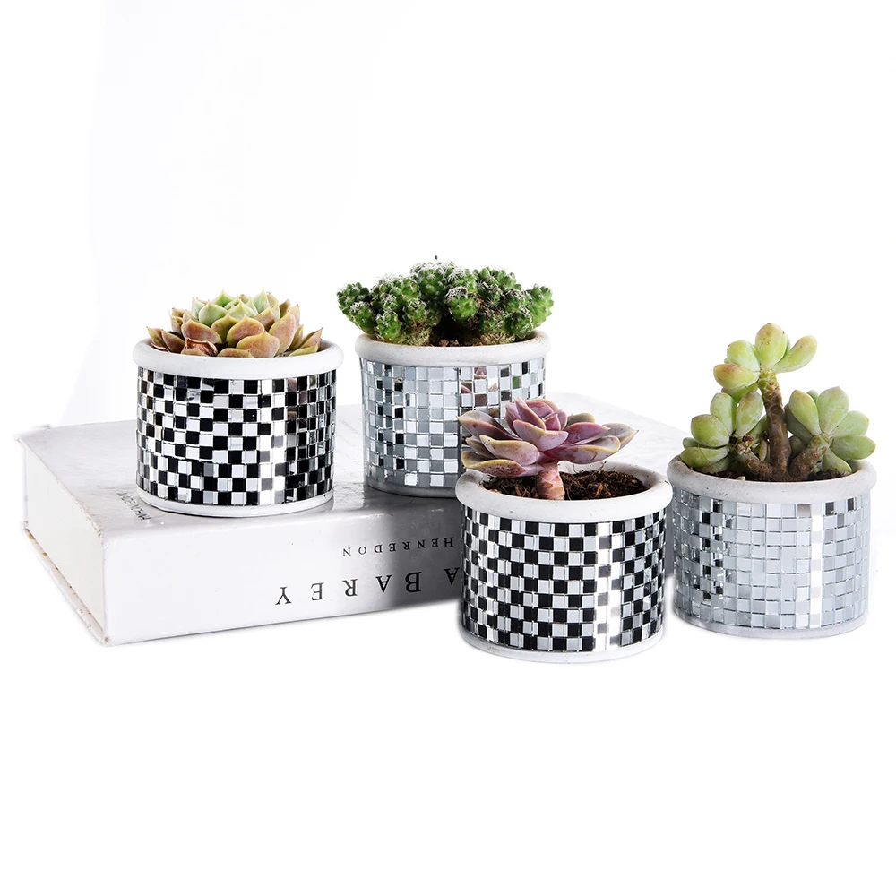 Modern Mosaic Glass Checkered Pattern Cement Succulent Vase Cactus Planter,Pretty Plants/Flower Pot Tiny Flower Plant Containers