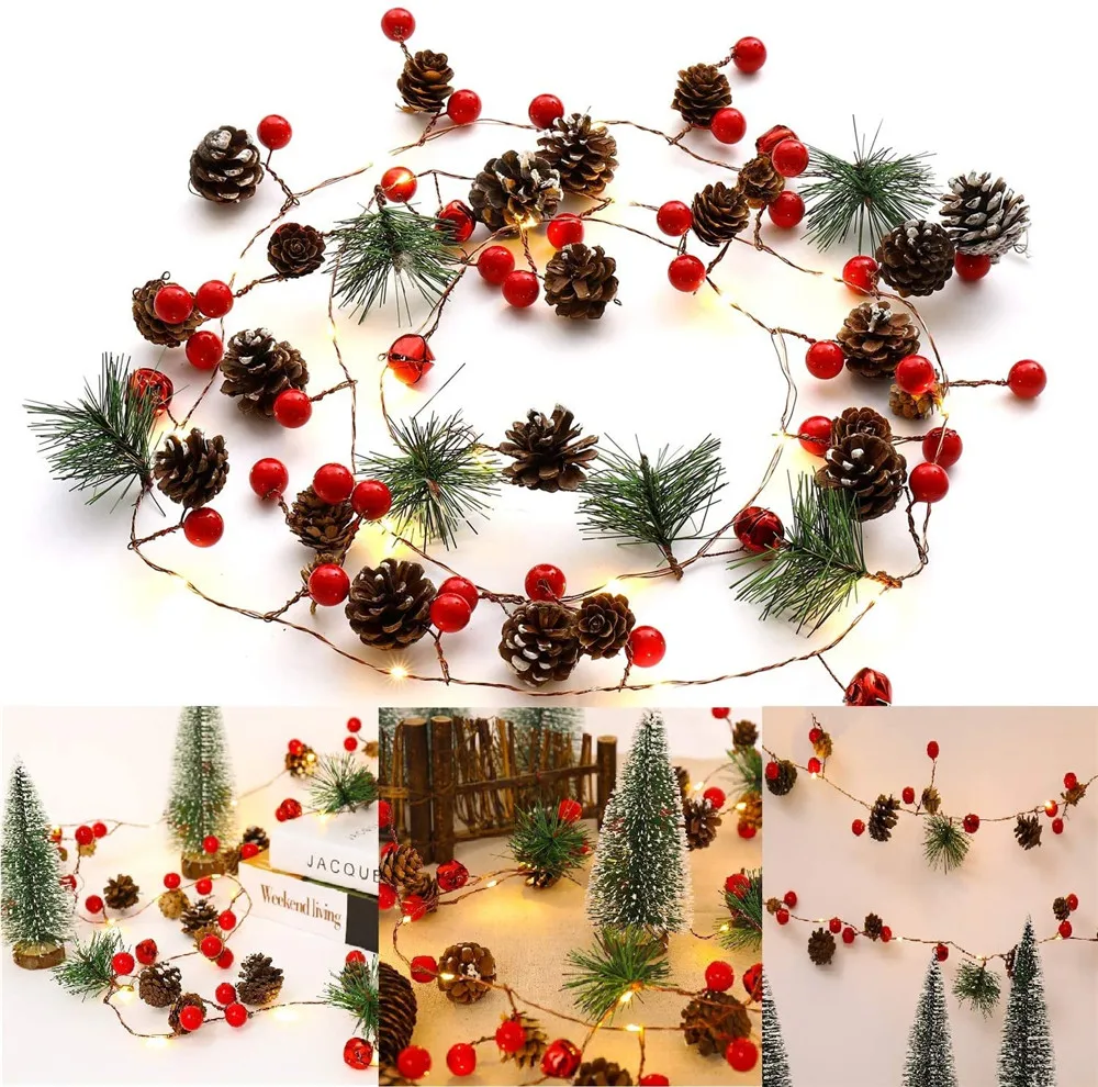 Led Christmas Rose String Lights 2M 20LED Pine Cone Berry Copper Wire Lights Battery Christmas Party Wedding Decoration Garland