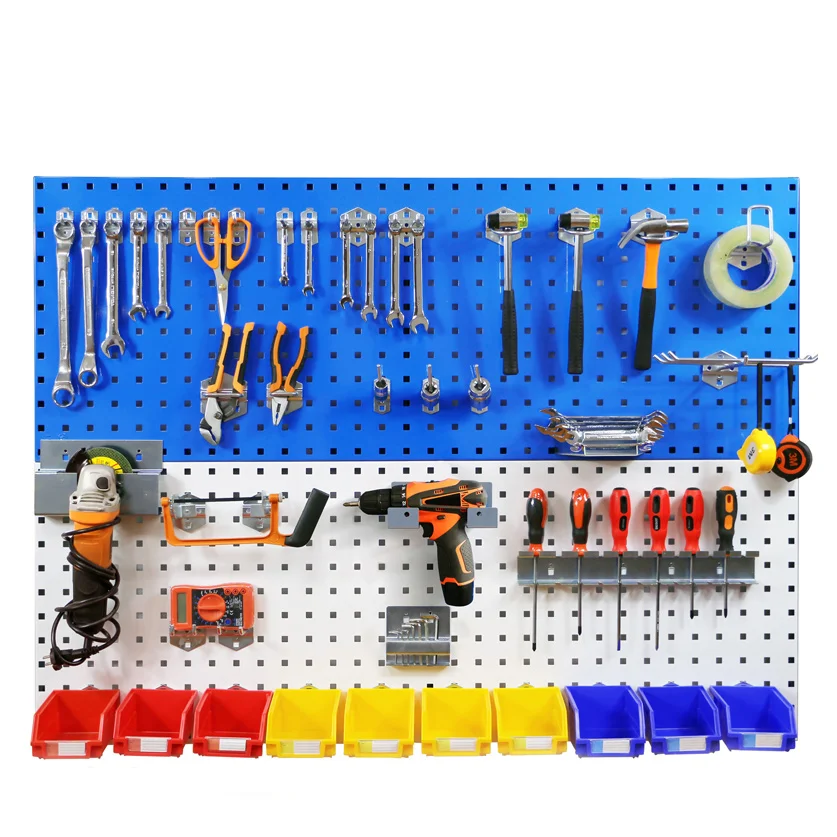 Plaque en acier Pegboard avec trou, quincaillerie lourde, support d'outils, suspension de rangement de Garage, Pegboard avec crochets, bacs à outils