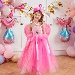 Pink Bustle Flamingo Princess Girls Tutu Dress with Headband Bird Animal Kids Fancy Dress for Birthday Party Pageant Ball Gown