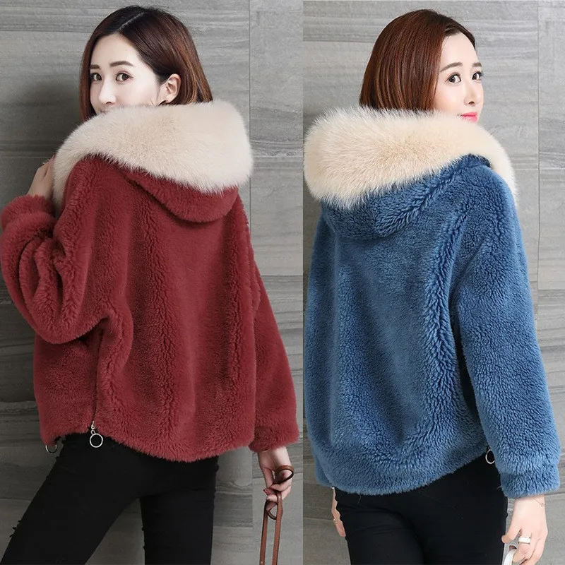 Thời Trang Cashmere Áo Khoác Lông Thú 2019 Mới Đoạn Ngắn Trùm Đầu Lông Thú Giả Áo Khoác Thu Đông Dạng Hạt Áo Khoác Len Áo Khoác Ngoài A1040