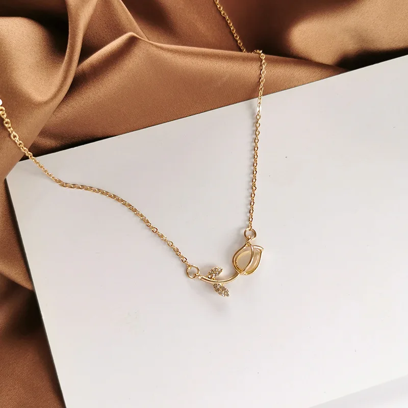 Fashion Elegant Cute Opal Rose Flower Necklace & Earrings Set for Women Delicate Micro Paved Zircon Bridal Wedding Jewelry Set