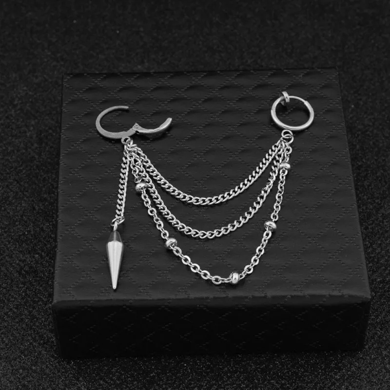 Vintage Men Stainless Steel Earrings Clip Cross Tassel Chain Ear Wrap Cuff Stud Earring Hipster Punk Piercing Ear Accessories