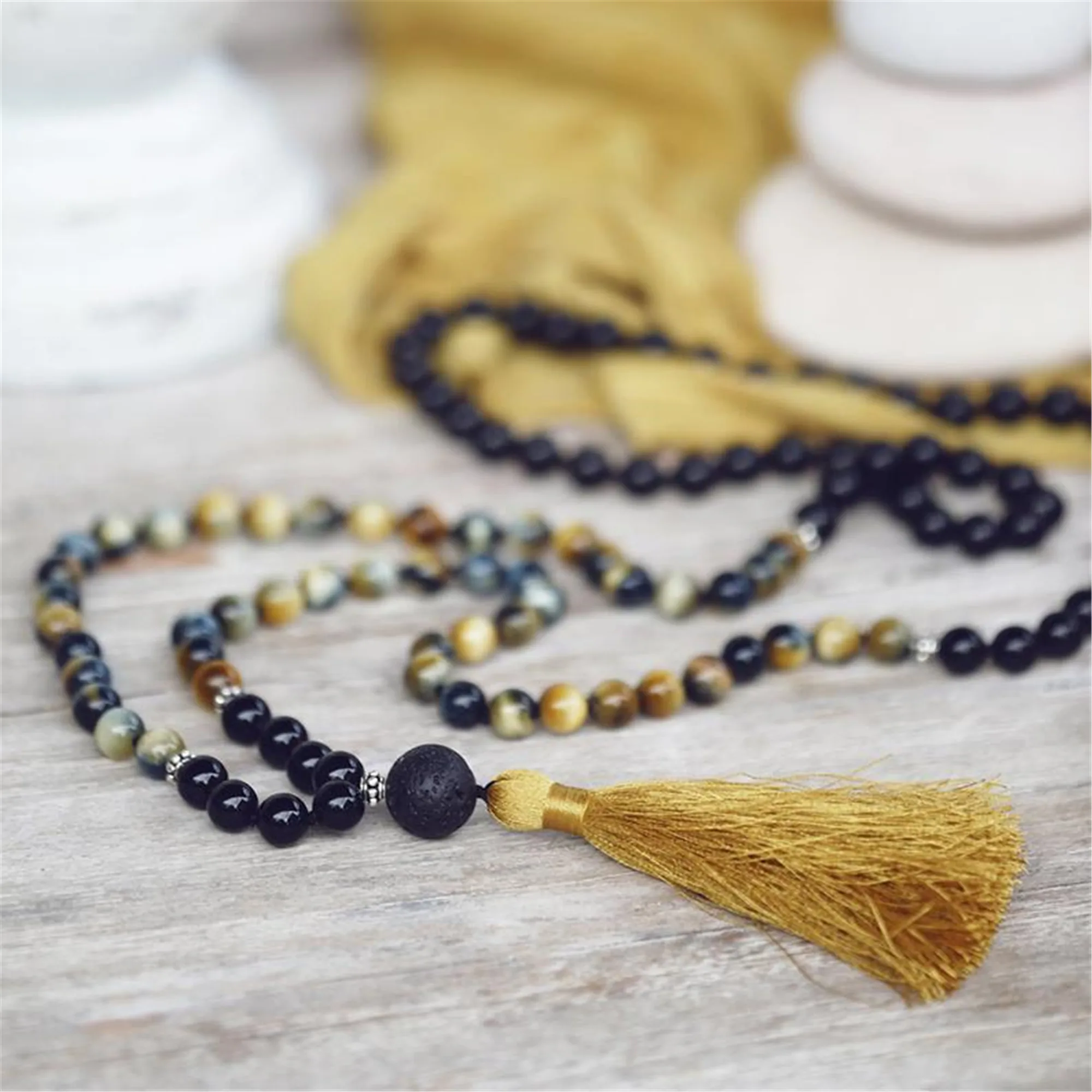 

8mm Black Onyx Tiger Eye Gemstone 108 Beads Mala Necklace Reiki Spirituality Yoga Yoga Mala Wrist Meditation Chakra Lucky