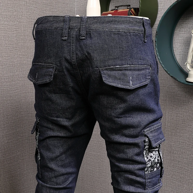 Summer Dark Blue Cargo Jeans Men Fashion Pockets Patchwork Slim Fit Ankle-Length Pants Streetwear Denim Trousers