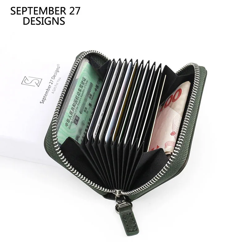 Accordion Credit Card Wallets Women First Layer Cow Leather Luxury ID Bank Card Slot Mini Coin Pouch Men Small Purse