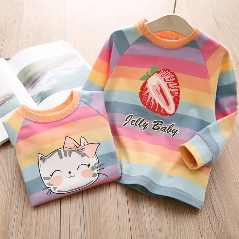 2024 Spring Autumn New 2 3 4 6 8 10 Years Children Cotton Cartoon Long Sleeve Colorful Stripe Baby Kids Girls Basic T-Shirt